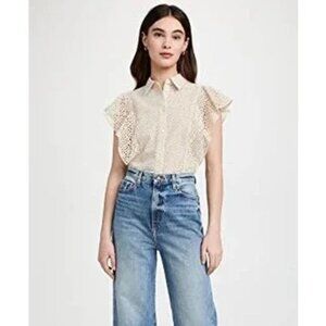 Theory‎ Short Sleeve Ruffle Button Front Top Nova Eyelet Lace Ecru Medium